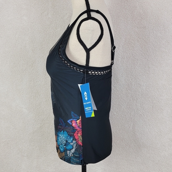 Free Country Black Macrame Floral Print Quick Dri Tankini Swim Top Sz M NEW - Picture 6 of 16